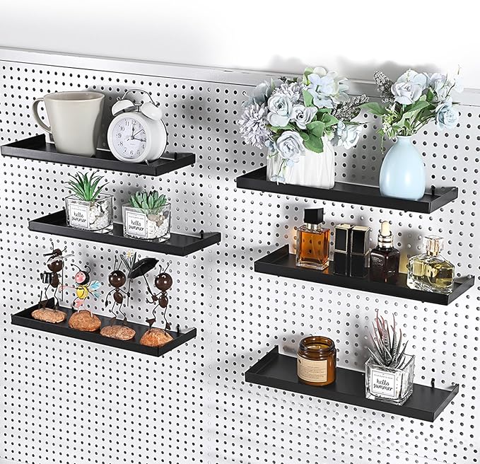Kokone 6 Pack Pegboard Shelves with Lip Around The Edge, 12x4 Flat Display Shelves for Pegboard Storing or Displaying, Wall Pegboard Shelves Accessories Steel Tray for Garage Workshop Craft Room
