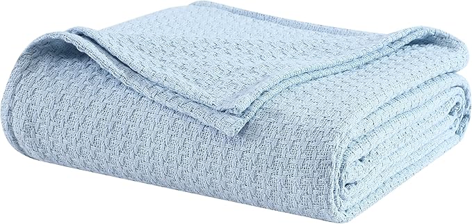 Beatrice Home Fashions Grand Hotel Lightweight All-Natural 100% Cotton Waffle Weave Blanket, King, Pearl Blue