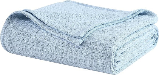 Beatrice Home Fashions Grand Hotel Lightweight All-Natural 100% Cotton Waffle Weave Blanket, King, Pearl Blue