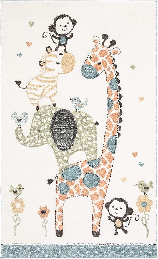 SAFAVIEH Carousel Kids Collection Accent Rug - 4' x 6', Ivory, Animal Design, Non-Shedding & Easy Care, Ideal for High Traffic Areas for Boys & Girls in Playroom, Nursery, Bedroom (CRK120A)