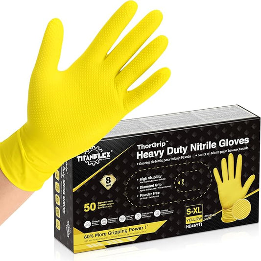TitanFlex Heavy Duty Industrial Nitrile Gloves with Raised Diamond Texture, 8-mil, Latex Free (Green/Dark Green/Yellow)