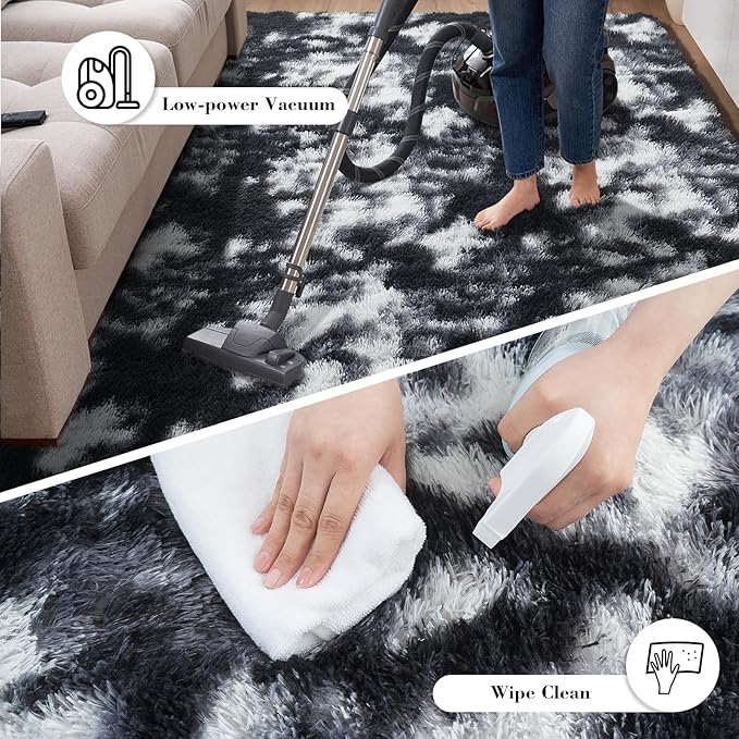 Fluffy Rug Shaggy Area Rug, Mottling Black 9x12 Area Rugs for Living Room, Large Shag Area Rugs for Bedroom Kids Room Home Decor, Upgrade Anti-Skid Rectangular Fuzzy Rugs