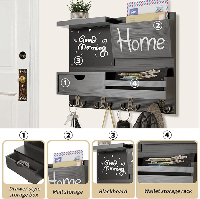 Farmhouse Key Holder for Wall with Mail Organizer - Easy Installation Wall Mount Organizer, Includes Chalkboard, Drawer, Wallet Holder & 4 Double Hooks, Ideal for Entryway, Quick Access - Black