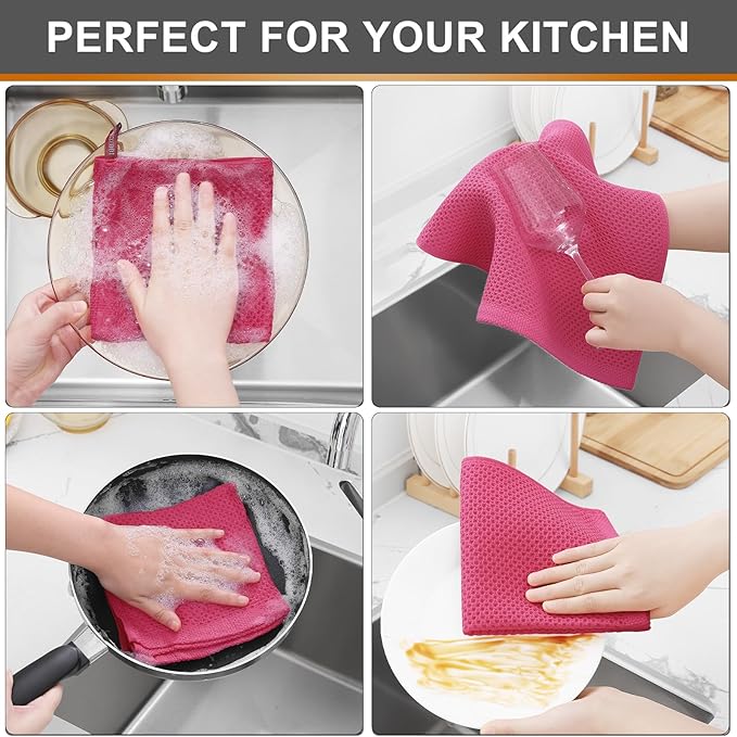 Kitinjoy 100% Cotton Kitchen Dish Cloths (12 X 12 Inches, Hot Pink), 8 Pack Waffle Weave Ultra Soft Absorbent Dish Towels for Drying Dishes Quick Drying Kitchen Towels Dish Rags