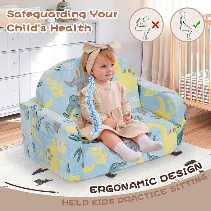 Extra Wide Kids Couch, 2-in-1 Soft Toddler Couch with Blanket, Glow in The Dark, Comfy Toddler Chair with Cloud Pillow, Convertible Sofa, Dinosaur