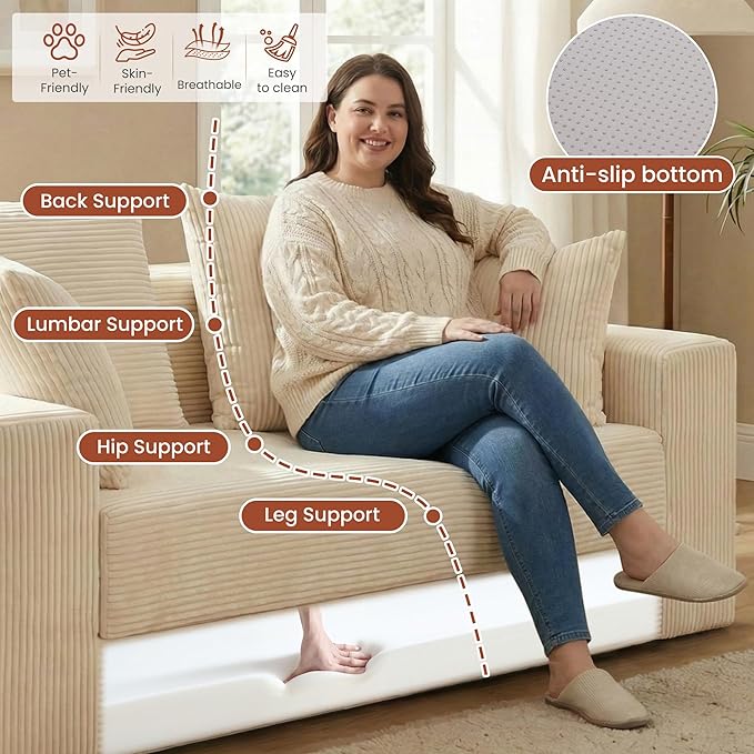 Convertible Sofa Bed, 5 In 1 Small Boneless Couch Pull Out Loveseat Sleeper Sofa,Corduroy Futon Couch Folding Mattress with 4 Pillows for Living Room Bedroom Lounge (No Assembly) (Beige, 58Inch)
