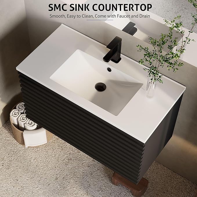 eclife 36" Floating Bathroom Vanity with Sink Combo Mid-Century Wall Mounted Cabinet with Wood Stripes Decor, Drawers, Undermount Sink, Faucet, Drain, Black