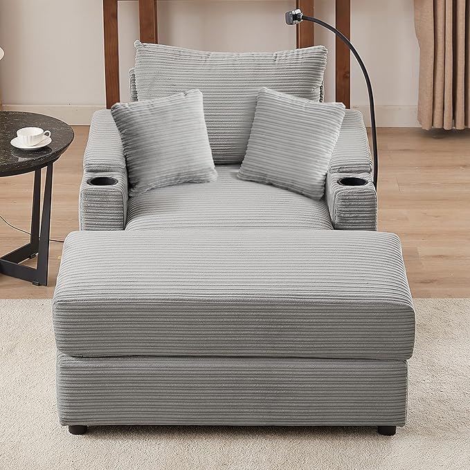 Merax Modern 41.7" Chaise Lounge with Pillows, Charge Station & Cup Holders,Upholstered Sofa Recliner Chair with Ottoman for Living Room Bedroom Gray