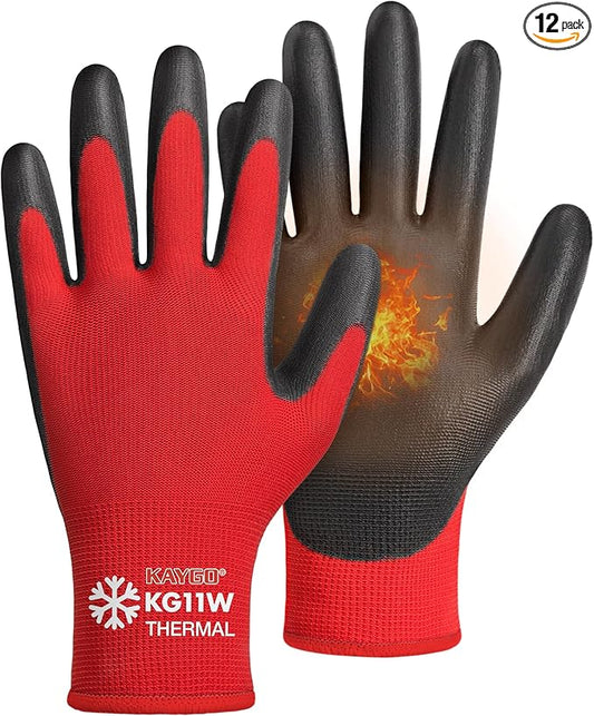 KAYGO 12 Pairs Winter Work Gloves for Men and Women, Thermal Insulated Safety Work Gloves PU Coated, Super Grip,Ideal for Freezer Work,Red,XL