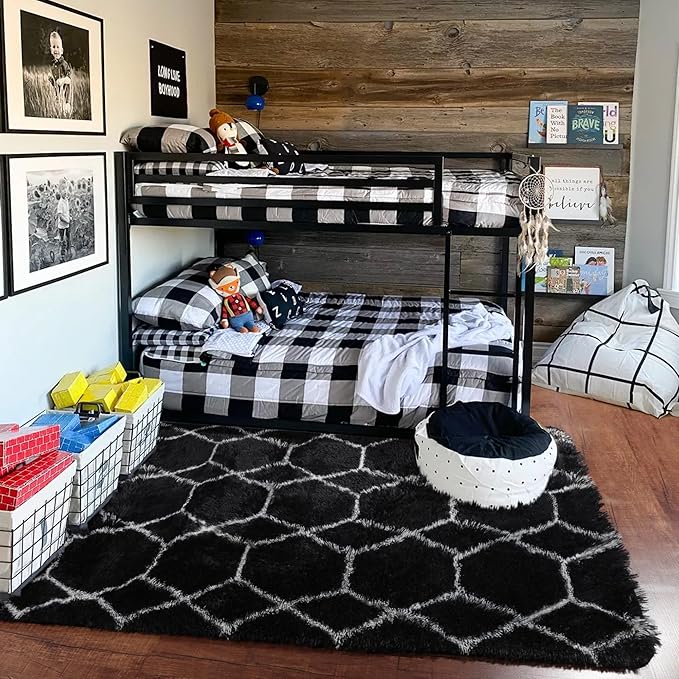 ONASAR Area Rugs for Bedroom Living Room, Fluffy 4x6 Black and White Rug, Geometric Shaggy Plush Bedside Indoor Floor Carpet for Nursery Kids Teens Girls Boys Dorm Home Office Decor