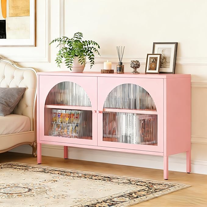 Metal TV Stand, Accent Storage Cabinet with 2 Acrylic Doors, Pink Locker Cabinet with Adjustable Shelf, Side Cabinet for Home,Office,Entryway,Dining/Living Room,Bedroom,Pink
