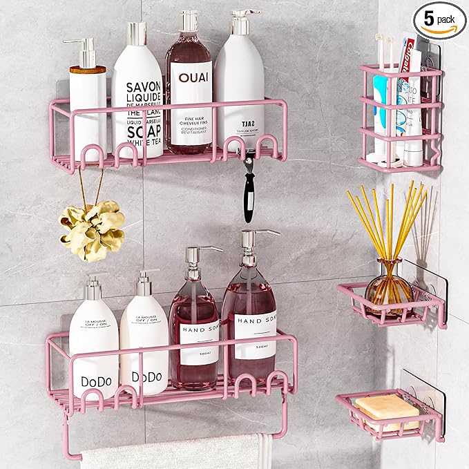 5-Pack Shower Caddy, Adhesive Shower Organizer, No-Drill Space Saving Shower Shelf with Soap Dish, Rustproof Shower Shampoo Holder for Kitchen & Bathroom Storage & Home Decor (Pink)