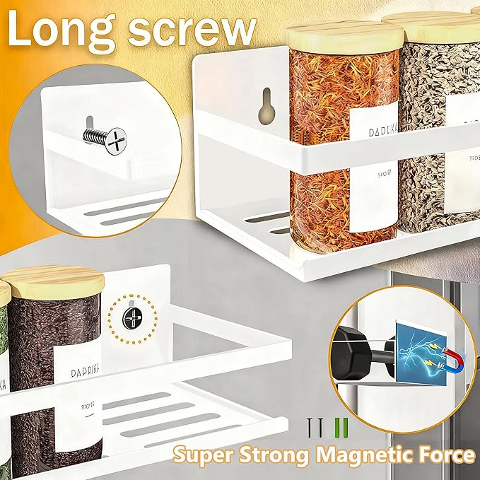 Magnetic Spice Rack Organizer for Fridge Seasoning Organizer for Kitchen storage with Screw or Adhesive Hanging,Magnetic Shelf with Hook for Refrigerator and Oven (White-1, 4pack)