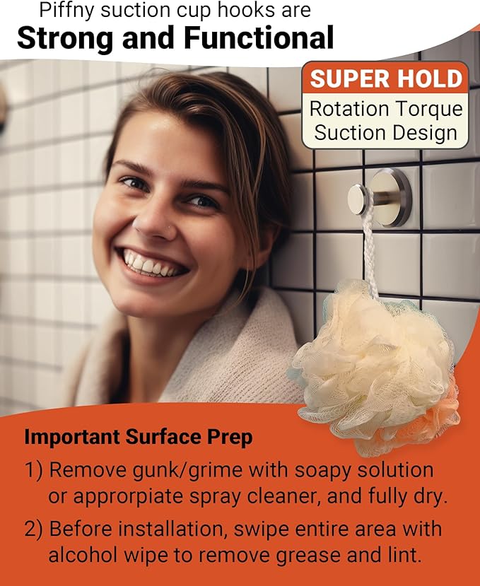 Suction Cup Hooks for Showers, Bathrooms, and Kitchens for Mounting on Smooth Tile, Glass Shower Doors, and Mirrors to Hang Loofah Sponges, Towels, Robes, and More, Black, 2 Pack