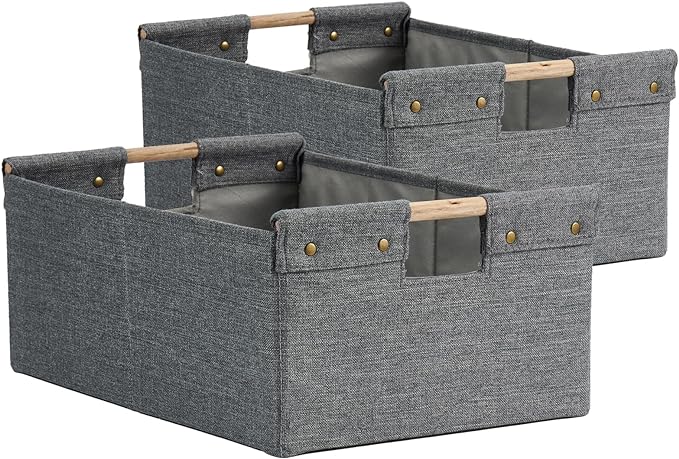 2PCS Storage Bins Cotton Linen Fabric Storage Boxes Basket with Wooden Handles Foldable Washable Decorative Shelf Container Clothes Organizer Home Laundry - Large Size, Gray