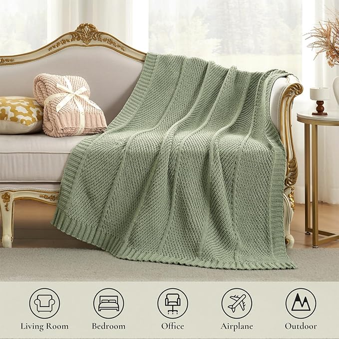 Amélie Home Chevron Chenille Knit Throw Blanket for Couch, Cozy Texture Decorative Soft Blanket for Sofa & Chair, 50"x60", Sage Green