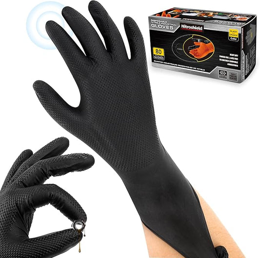 wcy 9 Mil Heavy Duty Black Nitrile Gloves,Raised Diamond Texture Grip,Industrial Mechanic Rubber Gloves Disposable Latex Free Chemical Resistant Guantes for Work,Cooking,Food Safe - Large,80Count
