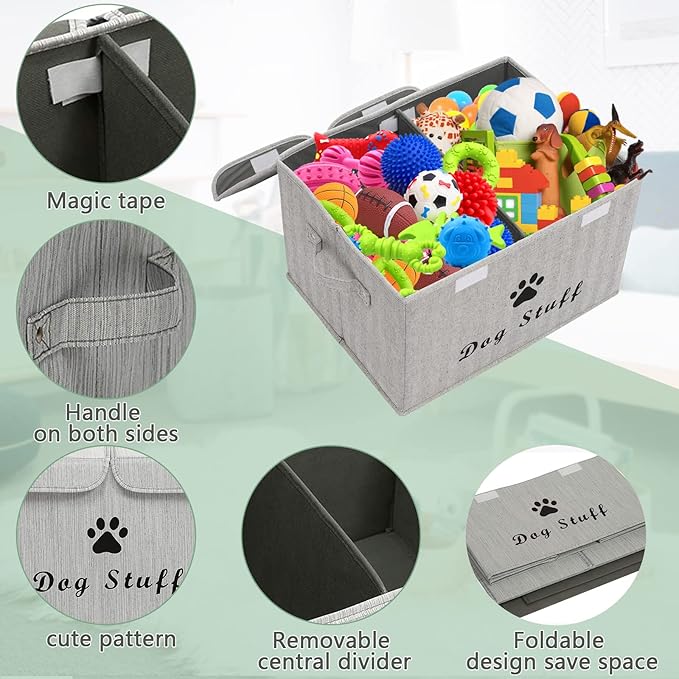 Geyecete Large Storage Boxes - Large Linen Fabric Foldable Storage Cubes Bin Box Containers with Lid and Handles for Dog Apparel & Accessories, Dog Toys(BambooGray)