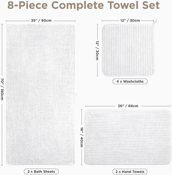 Oversized Bath Towels 8 Piece Towel Set, 2 Extra Large Bath Sheets, 2 Hand, 4 Washcloths, Luxury Soft Super Absorbent Thick Shower Towels for Bathroom, Spa & Hotel, Quick Dry, White