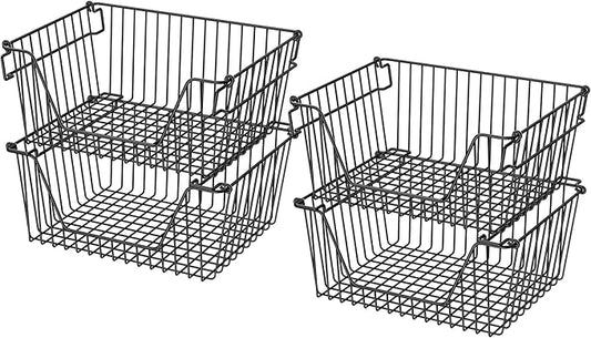 Stackable Wire Metal Baskets Sturdy Cabinet Organizer Wire Pantry Freezer Bin with Handle for Kitchen Pantry Fruit Vegetable Organization, Black, 4Packs