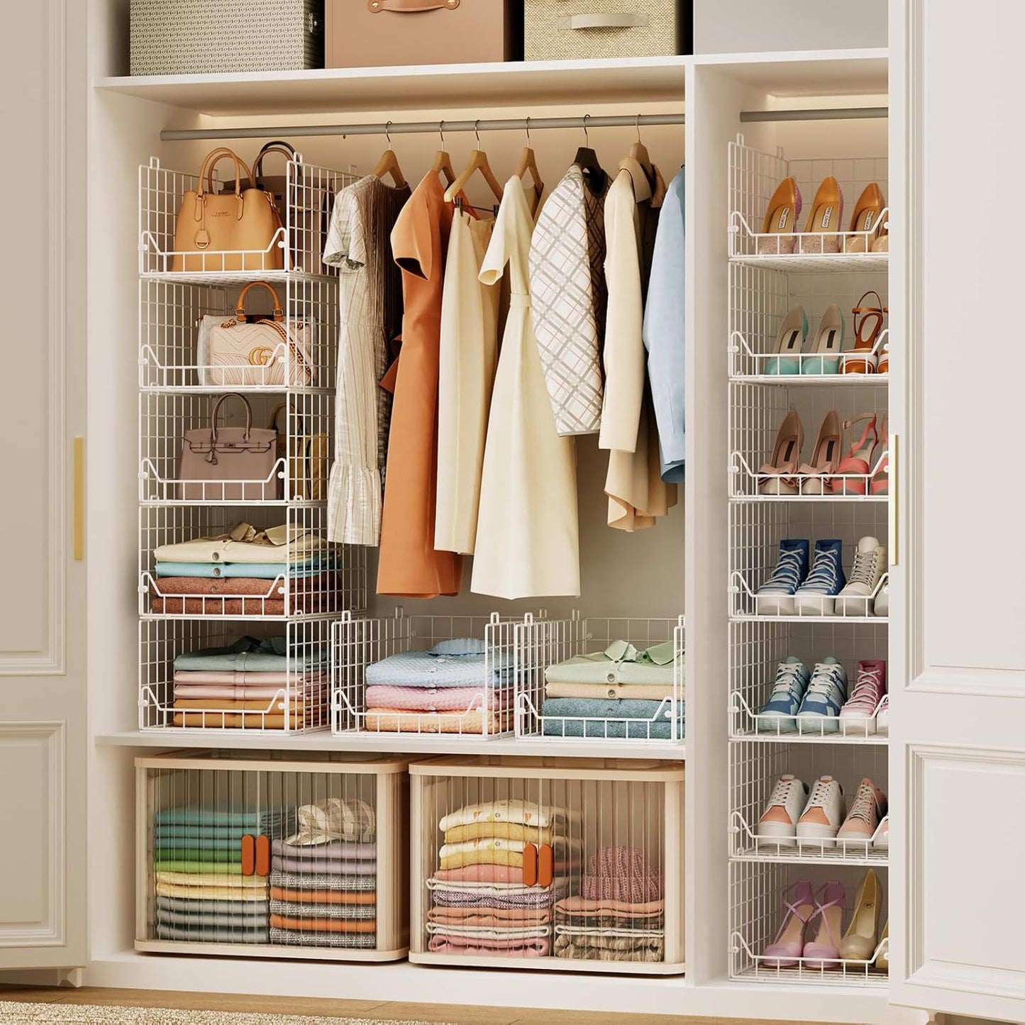 6-Tier Closet Shelf Organizer,Metal Stackable Closet Organizers and Storage,Clothes Storage Bins,Shelf Organizer Basket ,Folded Shelf Organizer for Closet Wardrobe,White
