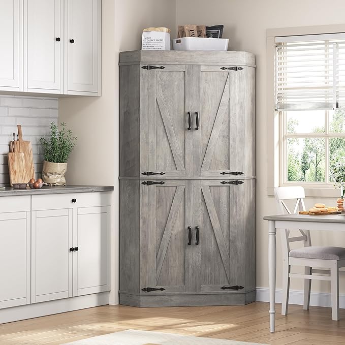 Corner Cabinet,71'' Kitchen Pantry Storage Cabinet with 4 Doors and Shelves, Tall Food Pantry Storage Cabinet Farmhouse Furniture for Kitchen Dining Room, Grey