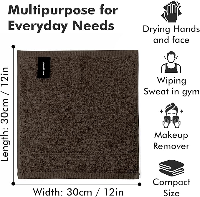 Face Towels Pack of 12 – 100% Cotton Wash Cloths (12x12 inch) – Soft, Quick Dry & Highly Absorbent Hand Towels for Bathroom, Spa, Gym, Kitchen and for Daily Use - (Dark Brown)