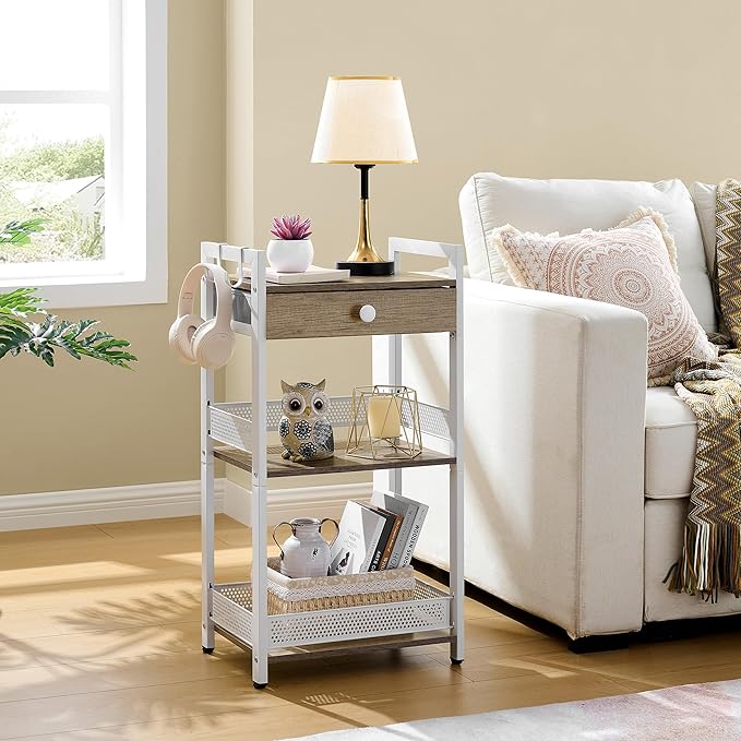 FAVOOSTY 3-Tier Bathroom Ladder Shelf Floor Storage Shelf with Drawer Freestanding Shelving Unit Bookcase End Table for Bathroom Living Room,Balcony-White