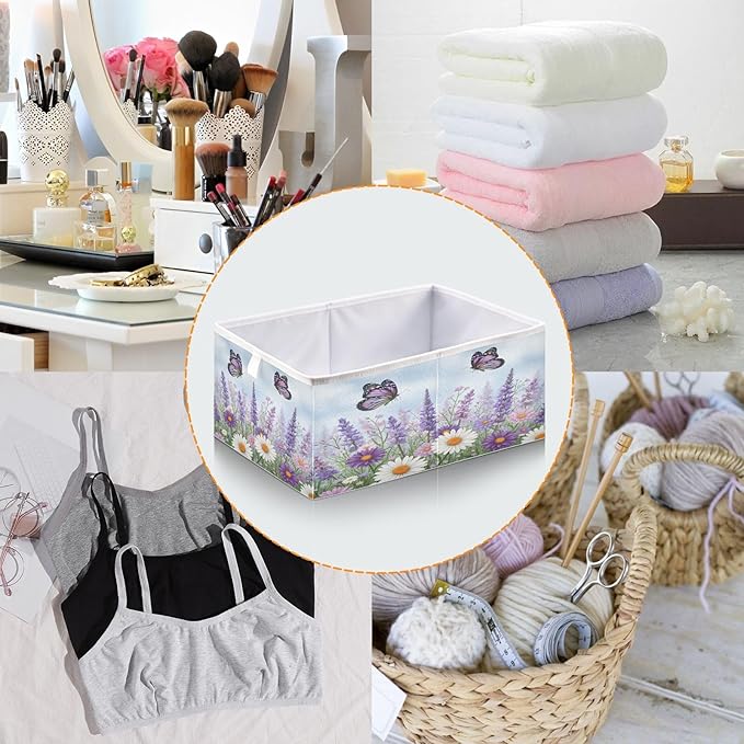 Bolaz Spring Wild Flowers Purple Butterfly Closet Organizers Storage Cubes Storage Bins Shelf Baskets Containers for Home Room Office,Square