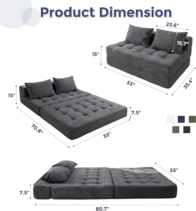 MAXYOYO Folding Sofa Couch, Convertible Floor Sleeper Couch with 2 Pillows, Tufted Floor Loveseat Couch Tufted Fold Out Chair Bed Comfy Sofa Lounge for Living Room Bedroom, Dark Grey