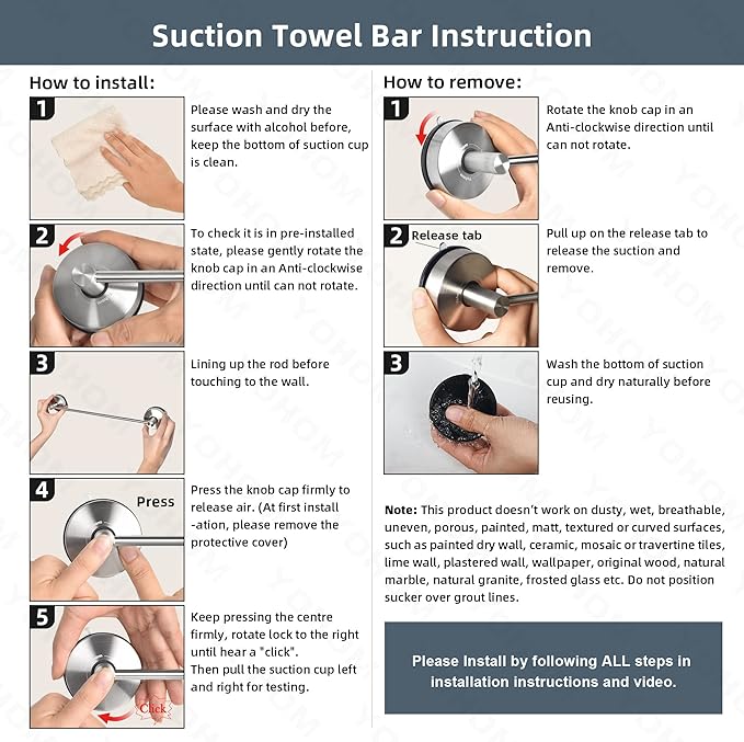 YOHOM Suction Cup Towel Bar for Shower 22 Inch Stainless Steel Bathroom Hand Towel Holder Suction Washcloth Holder Kitchen Towel Rack for Glass Shower Door Removable Towel Rod Rail Brushed Wall Mount