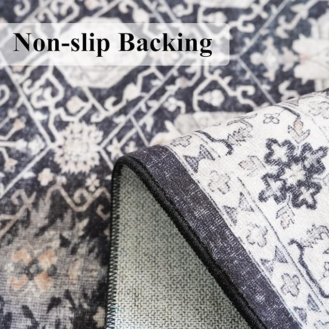 Hallway Washable Runner Rug - 3x20 Kitchen Rugs Entryway Rug Long Runner Vintage Soft Floor Mat Non Slip Indoor Farmhouse Carpet for Bathroom Living Room Bedroom (3 X 20, Black)