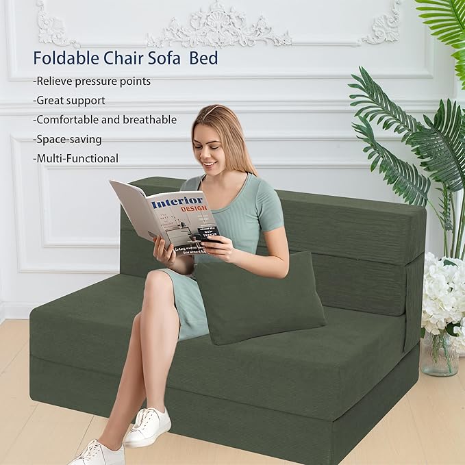 Sofa Bed Foldable Mattress ，Folding Sleeper Sofa Chair Bed Floor Mattress with Pillow for Living Room Home Office (Green-Corduroy, Twin)