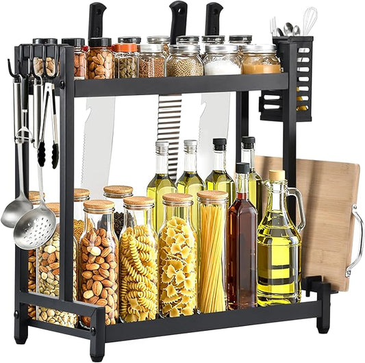 Countertop Spice Rack Organizer 2-Tier Seasoning Organizer with Metal Guardrail Design Suitable for Kitchen/Stovetop/Kitchen Island/Corner, Spice Rack Includes Basket, Hooks, and Pot Lid Holder