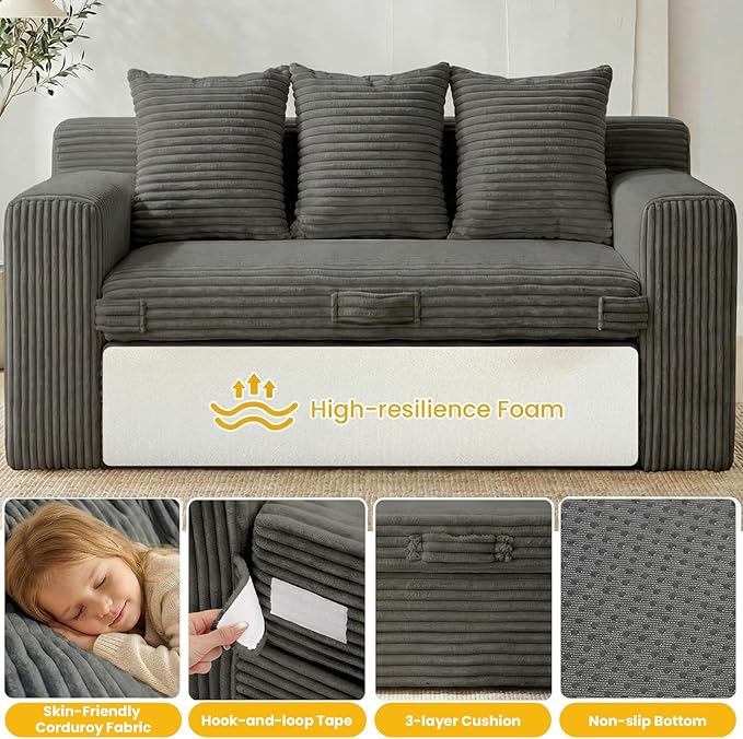 Boneless Couch Sleeper Sofa Bed: 3-in-1 Convertible Sofa Bed with Side Pockets & Handle,Pull Out Couch with 3 Pillows,Folding Futon for Small Space,Living Room & Bedroom