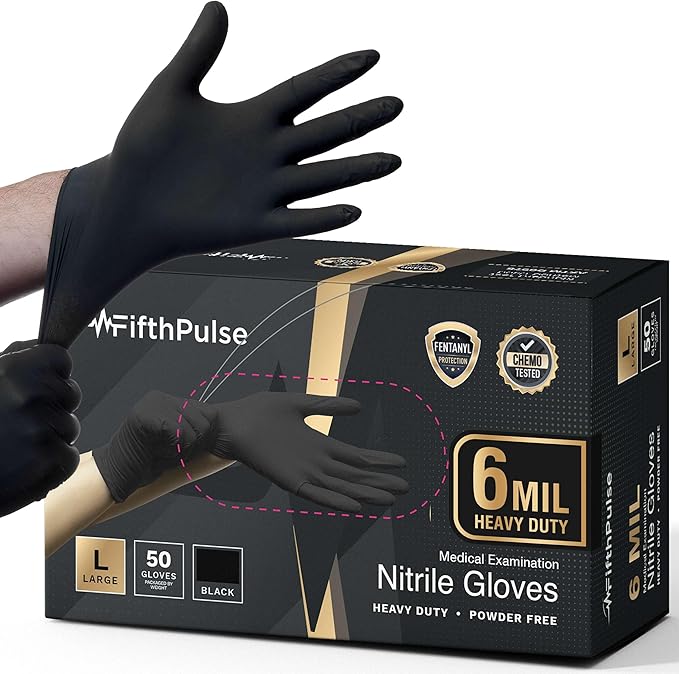 6 Mil Black Nitrile Gloves, Heavy Duty Mechanic and Food Grade Glove - Powder-Free, Latex-Free Medical Exam Gloves