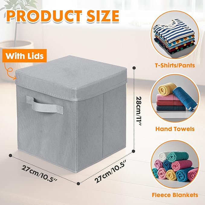 ShellKingdom Storage Bins, Foldable Fabric Storage Cubes with Lid, Clothes Storage Organizer Drawer For Closet Toys Storage, 10.5 X 10.5 X 11 INCH, 2 Pack (Grey)