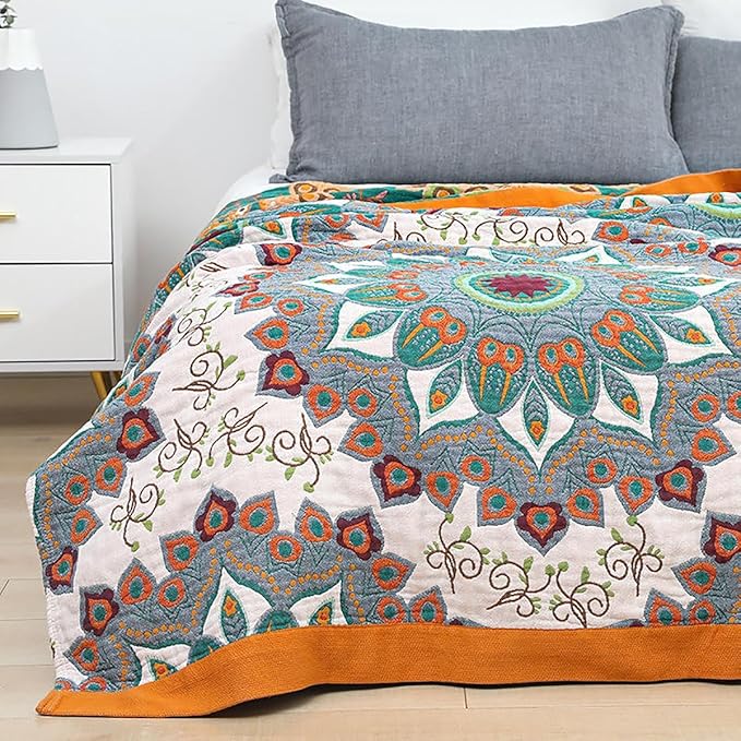 SANACYNA Boho Muslin Throw Blanket 100% Cotton 6-Layer Gauze Geometric and Flower Bed Blanket Lightweight Soft Breathable Blanket for Sofa Bed Coverlet Both Sides (Boho Spiral Flower, 80 x 90 in)