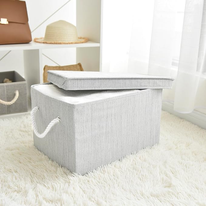 Pack of 2 Modern Fabric Storage Bins, Collapsible Closet Organizer System with Dust-proof Lips, Sturdy Foldable Storage Boxes for Organizing Clothing, Books, Accessories - Gray, 34L