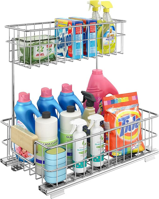 ROOMTEC Pull Out Cabinet Organizer Under Sink Slide Out Storage Shelf with 2 Tier Sliding Wire Drawer, Sliding Storage for Inside Kitchen Cabinet- 11½ in. W x 17¾ in. D (Left)