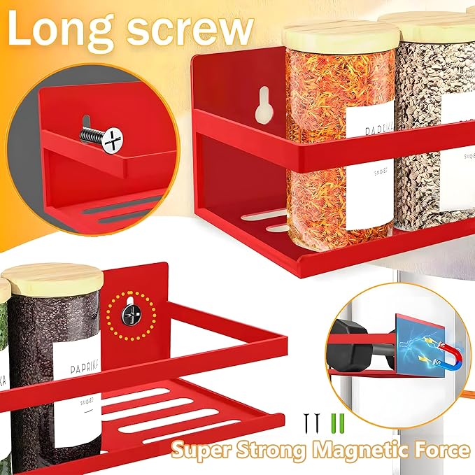 Magnetic Spice Rack Organizer for Fridge Seasoning Organizer for Kitchen Storage With Screw Magnetic Shelf for Oven, RV,Garage,Bathroom (Red-1, 4pack)