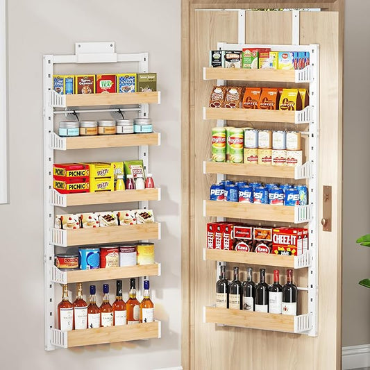 6-Tier Over The Door Pantry Organizer, Heavy-Duty Metal Wall Mount or Hanging Spice Rack, behind the door storage Shelves with Adjustable Basket, Back of Door Organizer for Kitchen Cabinet and Closet