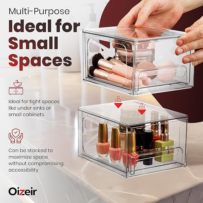 Oizeir Clear Stackable Storage Drawers - 2-Pack Acrylic Makeup Organizer Bins for Vanity, Bathroom, Countertop, Cabinet, or Kitchen - Perfect for Cosmetics, Office, and Small Item Organization