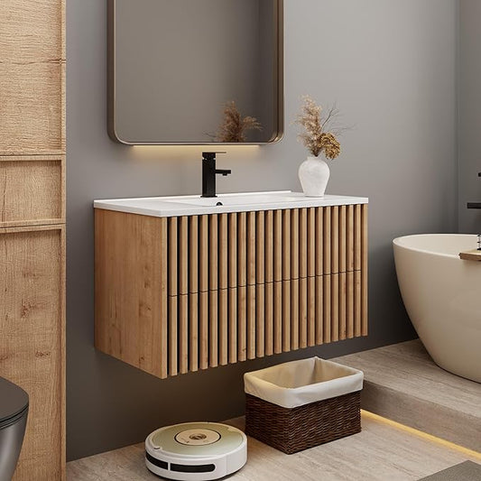 eclife 36" Floating Bathroom Vanity with Sink Combo, Modern Wall Mounted Cabinet with 2 Fluted Drawers, Undermount Sink, Faucet, Drain, Mixed Natural
