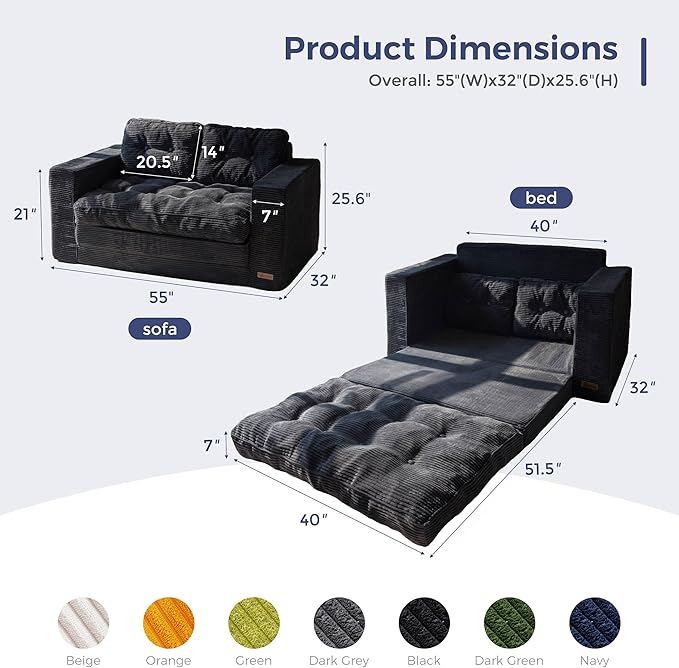 MAXYOYO Convertible Sofa Bed, Pull Out Loveseat Sleeper Sofa, Folding Couch Bed with Pillows for Living Room, Black
