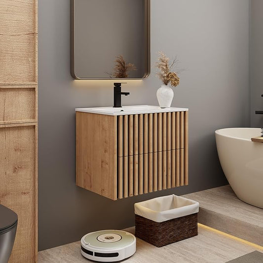 eclife 24" Floating Bathroom Vanity with Sink Combo, Modern Wall Mounted Cabinet with 2 Fluted Drawers, Undermount Sink, Faucet, Drain, Mixed Natural