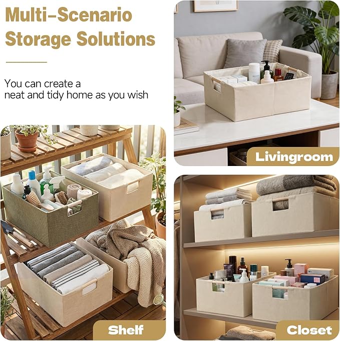 Foldable Fabric Storage Basket for Shelves, Linen Decorative Storage Bin with Wooden Handles, Small Organizer Cube for Closet, Rectangle Canvas Box for Organizing, Decor, 15x10.6x6 Inches (Blcak)