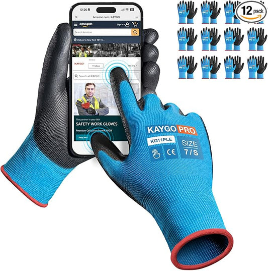 Work Gloves PU Coated for Men and Women, 12 Pairs Safety Work Gloves with Two Fingers Touchscreen, Breathable and Lightweight,Ideal for Light Warehouse, Manufacturing, Gardening, KG11P (S, Blue)