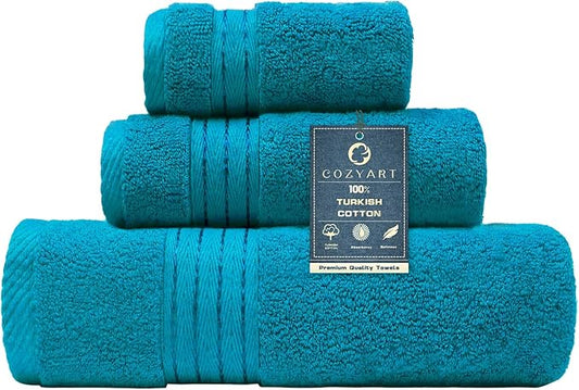 COZYART Luxury Crystal Teal/Peacock Blue Bath Towels Set, Cotton Hotel Large Towels for Bathroom, Thick Bathroom Set of 3 with 1 Bath Towel, 1 Hand Towel, 1 Washcloth, 650 GSM