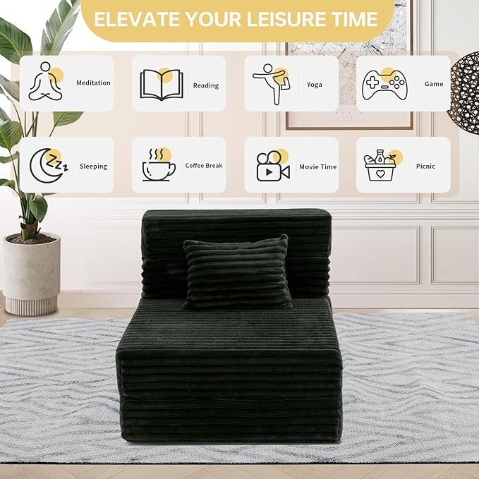 Folding Sofa Bed Single, Convertible Futon Chair Bed with Pillow, Folding Sofa Sleeper Chair, Comfortable Foam Floor Couch for Living Room, Bedroom, Dorm, Guest Room, Charcoal Moss Grey